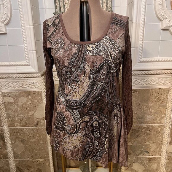 RXB. Sz XL. Asymmetrical. Brown Paisley Embellished Tunic Pullover. Lace B103 - Picture 1 of 5